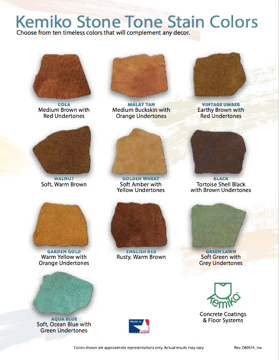 Choose from 10 timeless Kemiko Stone Tone stain colors for your next decorative concrete project with Power Rental & Sales in Chattanooga.