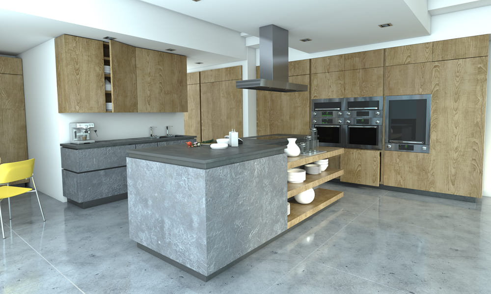 A kitchen featuring concrete countertops.